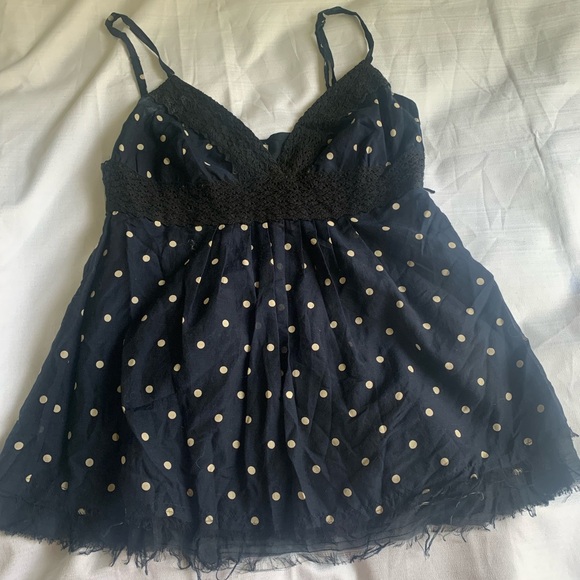 Joie VTG Y2K Navy Polka Dot Babydoll Crochet Trim Cami Top Size S - Picture 8 of 10